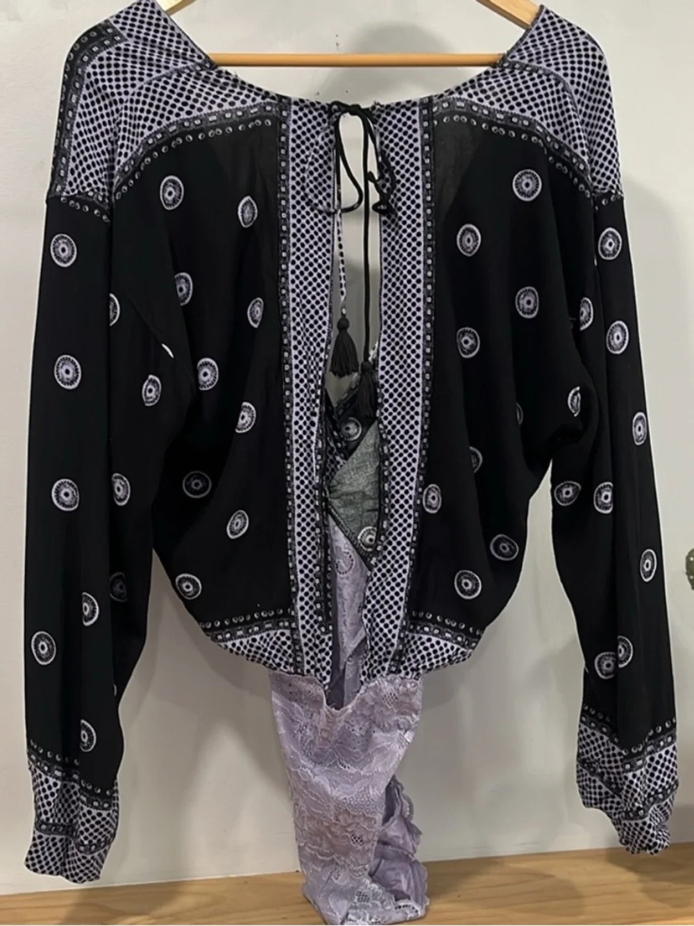 Free People Black Purple On Board Long Sleeve Bodysuit, Size M